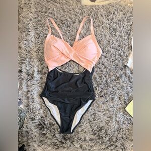 PINK & BLACK 1940S HOLLOW WAIST PATCHWORK SWIMSUIT